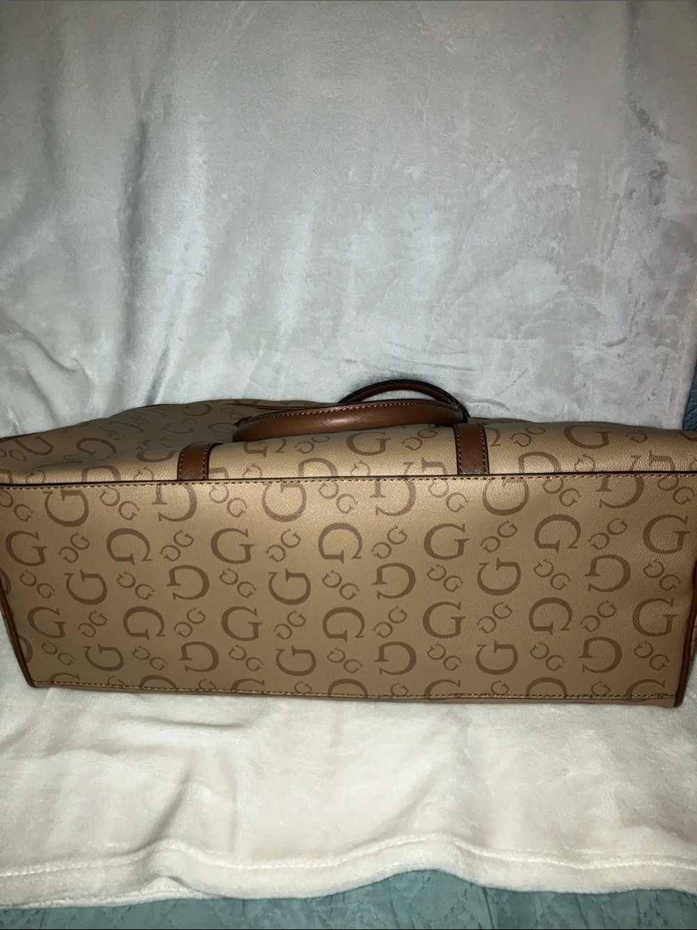 GUESS Tan and Brown Logo Duffel Bag